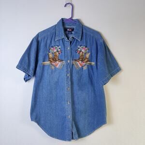Vtg 90s Chambray Denim Cowboy Boot Embroidered Short Sleeve Shirt Medium Western